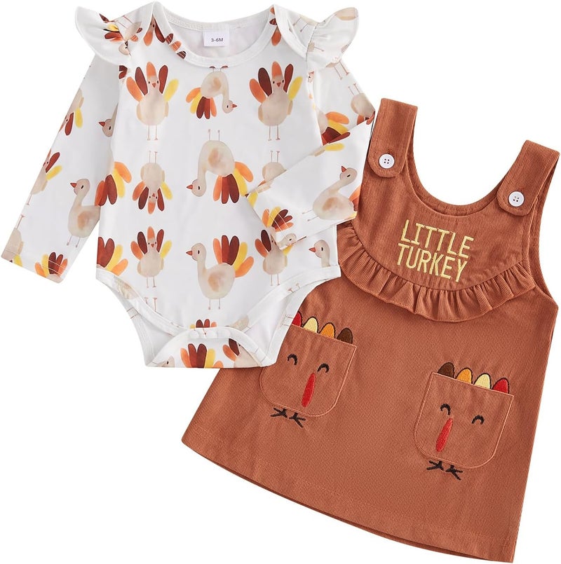 Socutebabe My First Thanksgiving Baby Girl Outfit Newborn Turkey Romper And Corduroy Skirt Little Turkey Dress Outfits - Image 1